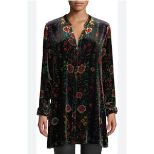 Johnny Was Easy Embroidered Floral Velvet Top Tunic Long Sleeve Button Up Size M
